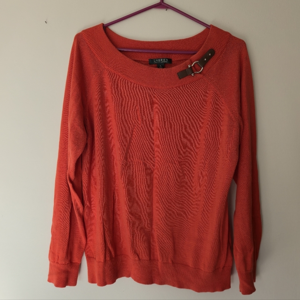 Lauren Ralph Lauren XL Orange Buckle Cotton Knit Boat Neck Equestrian Sweater